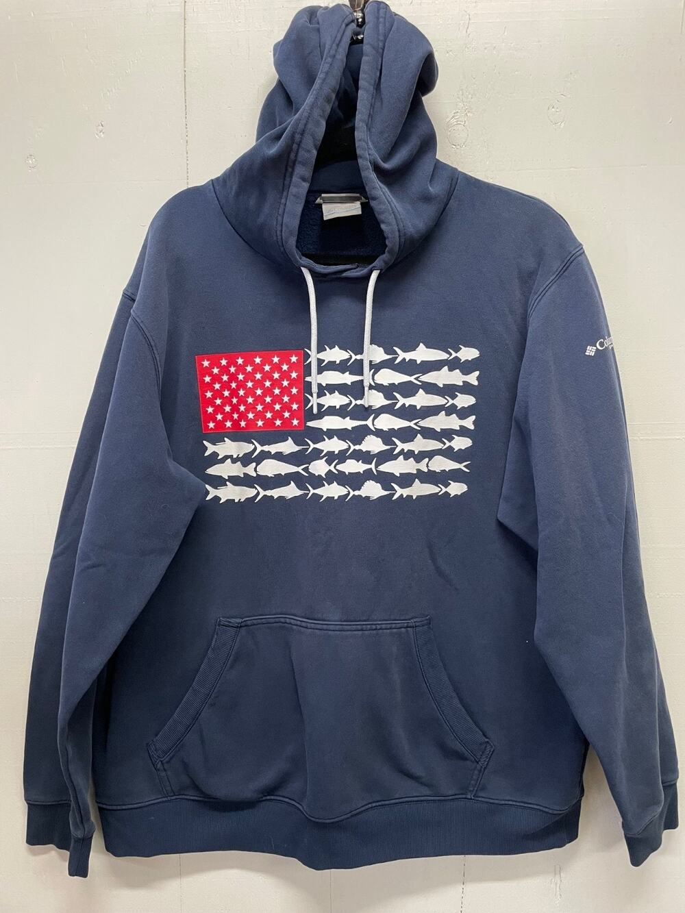 Columbia PFG Hoodie Jacket Camp American Flag Fish Pullover Blue Men's Size XL